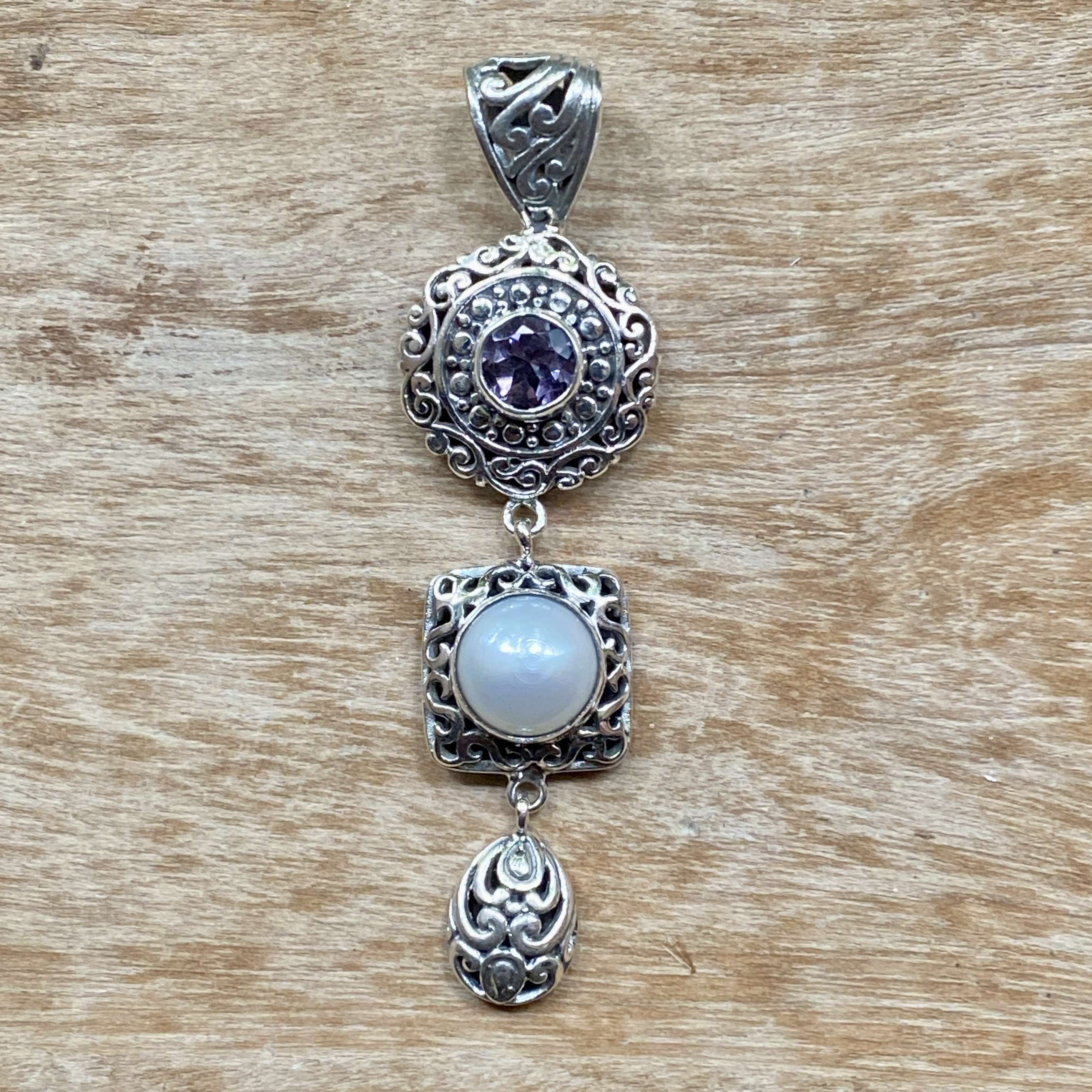 (HANDMADE 925 BALI SILVER FILIGREE PENDANTS WITH AMETHYST)